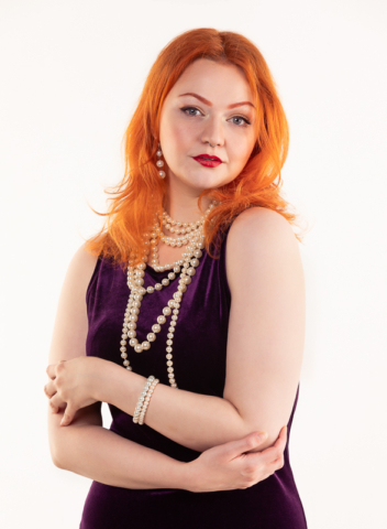 alt model purple velvet dress ginger hair